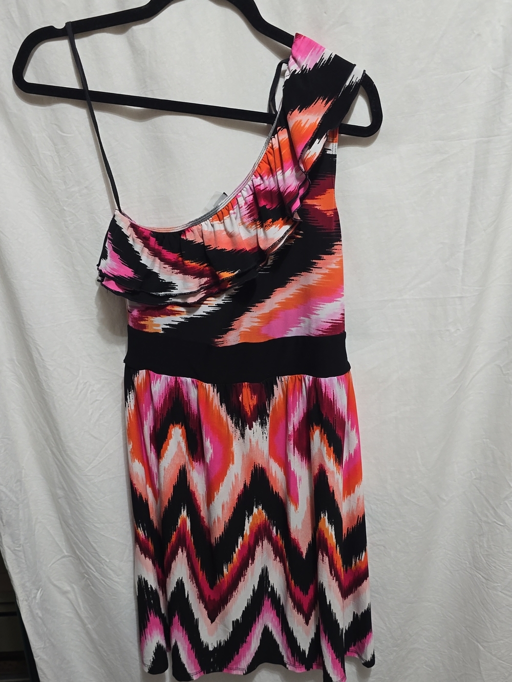 Wrapper One-Shoulder Pink, Orange & Black Printed Dress